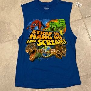 Universal Blue Mens Sleeveless Graphic Tee - Marvel & Jurassic Design